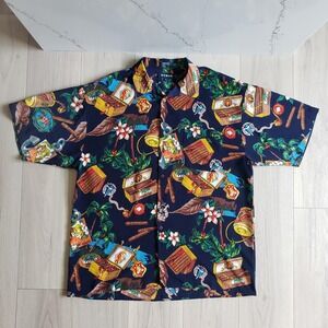Vintage Koman Sport Shirt Mens XL Blue Hawaiian Cigar Box Tropical Button Up